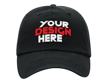 May include: Black baseball cap with a white and red embroidered design that says "YOUR DESIGN HERE".