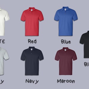 May include: Eight polo shirts in different colors: white, red, blue, gray, navy, maroon, and black. The shirts are all short-sleeved and have a button-down collar.