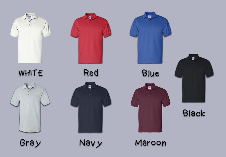 May include: Eight polo shirts in different colors: white, red, blue, gray, navy, maroon, and black. The shirts are all short-sleeved and have a button-down collar.