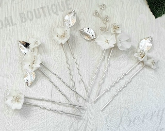 PEONY - Wedding hair accessories, Silver and white hair pins, Bridal hair pins, Floral hair accessory for bride (Set of 5)