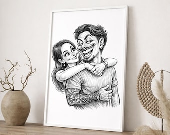 Funny Exaggerated Caricature Sketch Portrait | Custom Caricature Drawing From Photo | Couple Gift | Printable Digital Art