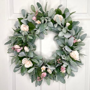 beautiful pink summer country cottage grandmillenial rose and berry lambs ear wreath for front door, Mother’s Day gift, rosebud wreath