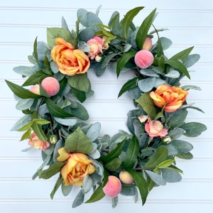 summer peach wreath, peaches summer lambs ear farmhouse wreath for front door, greenery wreath for front door, year round wreaths, wreaths