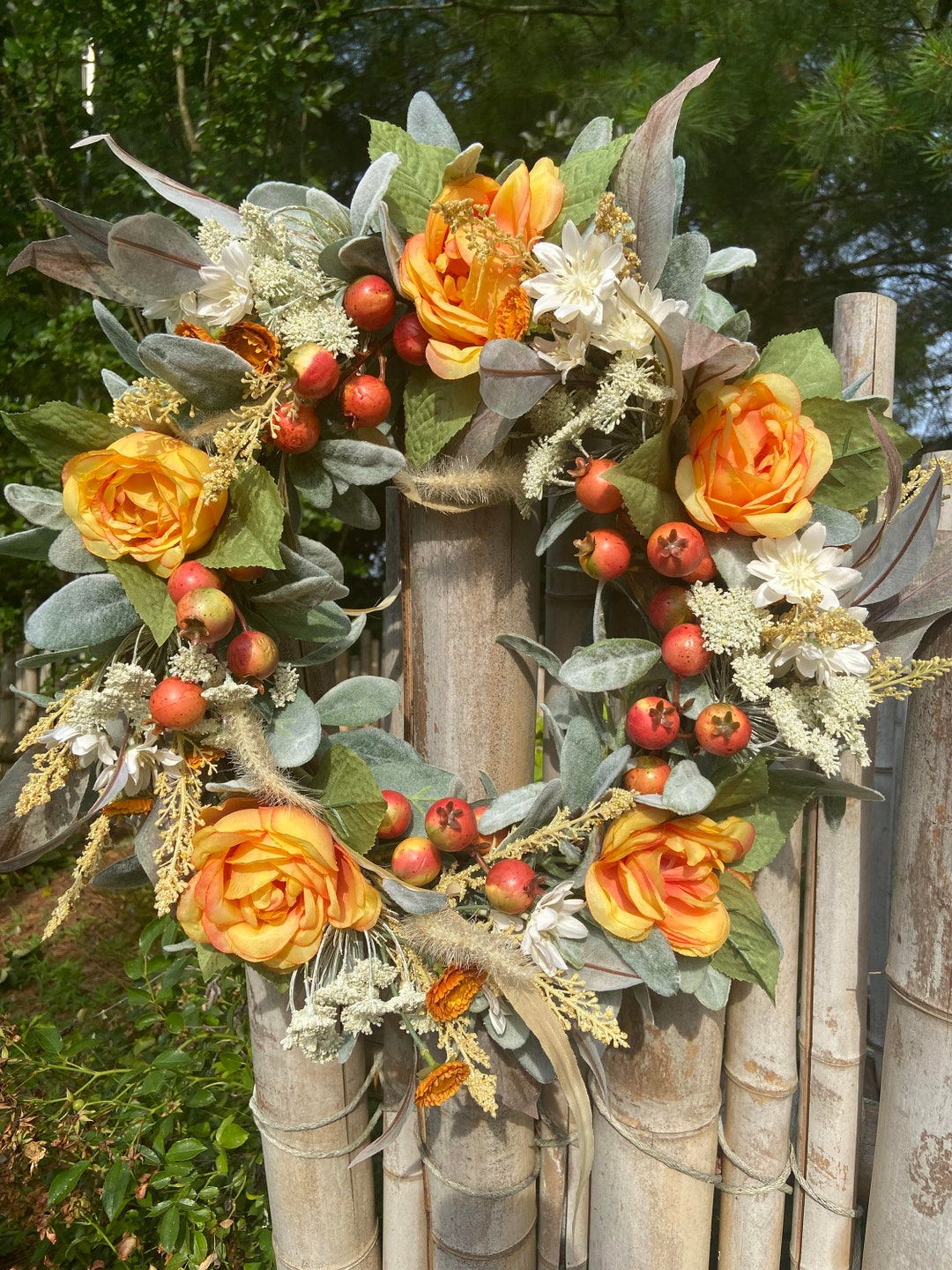 Fall Lambs Ear Orange Berry Farmhouse Wreath, Ranunculus and Berry ...