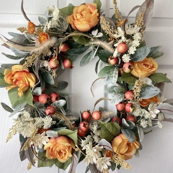 Fall Lambs Ear Orange Berry Farmhouse Wreath, Ranunculus and Berry Wreath, Boho Chic Wreath for Front Door, Floral Wreath for Door
