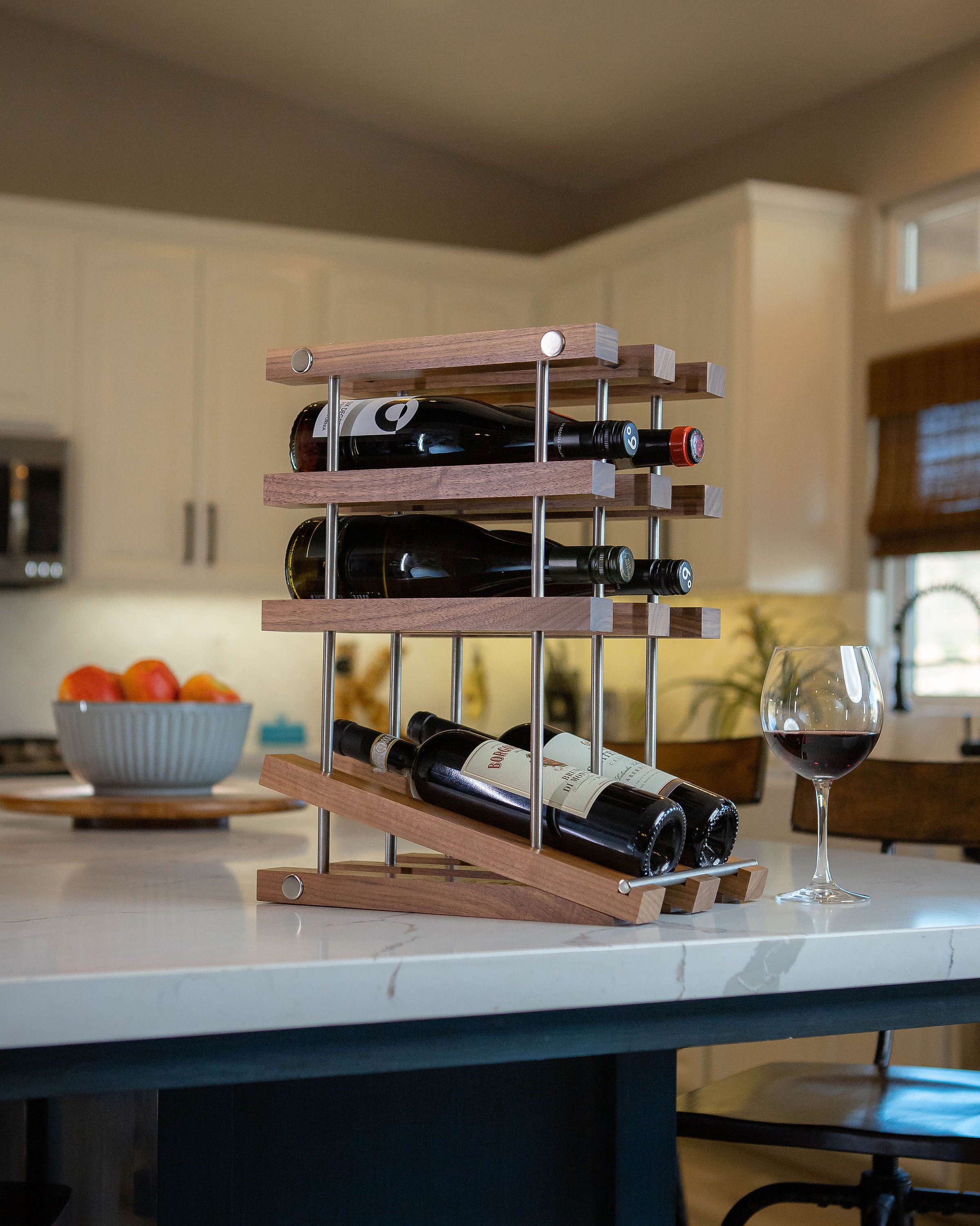 Walnut Countertop Wine Rack With Clear Finish And Stainless Etsy