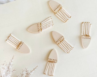 Beaded Arch Dangles | Polymer Clay Earrings | Beige Earrings| Beaded Earrings | Dangle Earrings | myeclay | Elegant Earrings