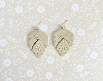 Beige Leaf Dangles | Polymer Clay Earrings | beige Earrings| Leaf Earrings | Dangle Earrings | myeclay | Elegant Earrings