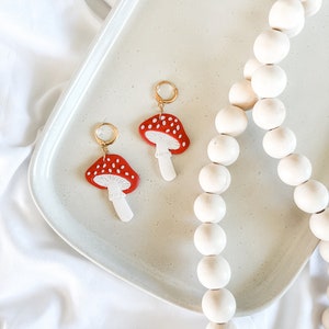 Mushroom Dangle Earrings: Polymer Clay, Gold Plated Huggies