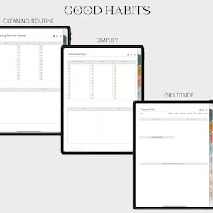 May include: Three digital planners with tabs for "Cleaning Routine", "Simplify", and "Gratitude". Each planner has a white background with black text and gray lines.