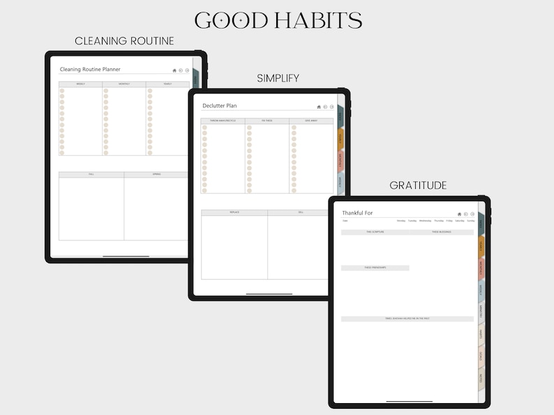 May include: Three digital planners with tabs for "Cleaning Routine", "Simplify", and "Gratitude". Each planner has a white background with black text and gray lines.