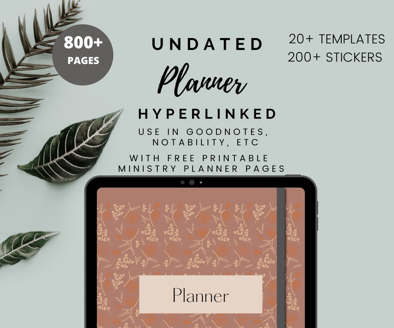 May include: A digital planner with a floral pattern on the cover. The planner is undated and includes over 800 pages, 20 templates, and 200 stickers. It is hyperlinked and can be used in Goodnotes, Notability, and other apps. The planner also includes free printable ministry planner pages.