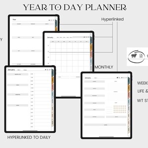 May include: Four digital planner screens showing different views: yearly, monthly, weekly, and daily. The screens are labeled with the view type and "Hyperlinked" or "Hyperlinked to Daily". The weekly view has the text "Life & Ministry" and "WT Study Prep".