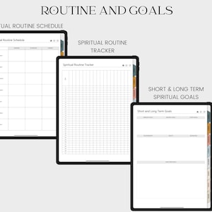 May include: Three digital planner pages for spiritual routine and goals. The first page is a schedule with columns for morning, afternoon, and evening. The second page is a tracker with a grid for daily entries. The third page is for short and long-term goals with sections for desired goals, action goals, and start dates.