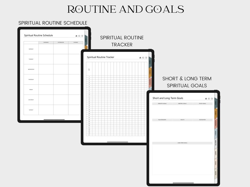 May include: Three digital planner pages for spiritual routine and goals. The first page is a schedule with columns for morning, afternoon, and evening. The second page is a tracker with a grid for daily entries. The third page is for short and long-term goals with sections for desired goals, action goals, and start dates.