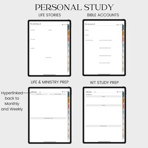 May include: A digital planner template for personal study with sections for life stories, bible accounts, life and ministry prep, and WT study prep. The template includes a calendar and tabs for organization.
