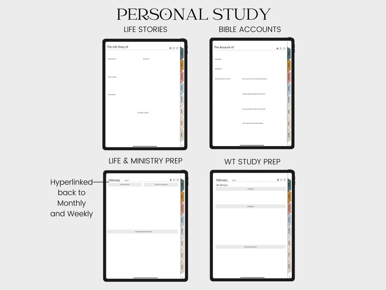 May include: A digital planner template for personal study with sections for life stories, bible accounts, life and ministry prep, and WT study prep. The template includes a calendar and tabs for organization.
