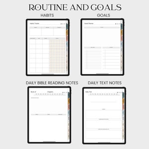 May include: A digital planner with four pages for organizing routines and goals. The pages are labeled "Habits", "Goals", "Daily Bible Reading Notes", and "Daily Text Notes".