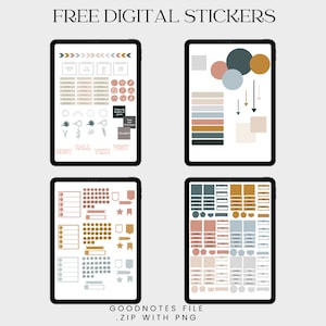 May include: Four digital planner pages with a variety of stickers in shades of brown, blue, and pink. The stickers include arrows, stars, circles, banners, and more. The text "FREE DIGITAL STICKERS" and "GOODNOTES FILE .ZIP WITH PNG" are also included.