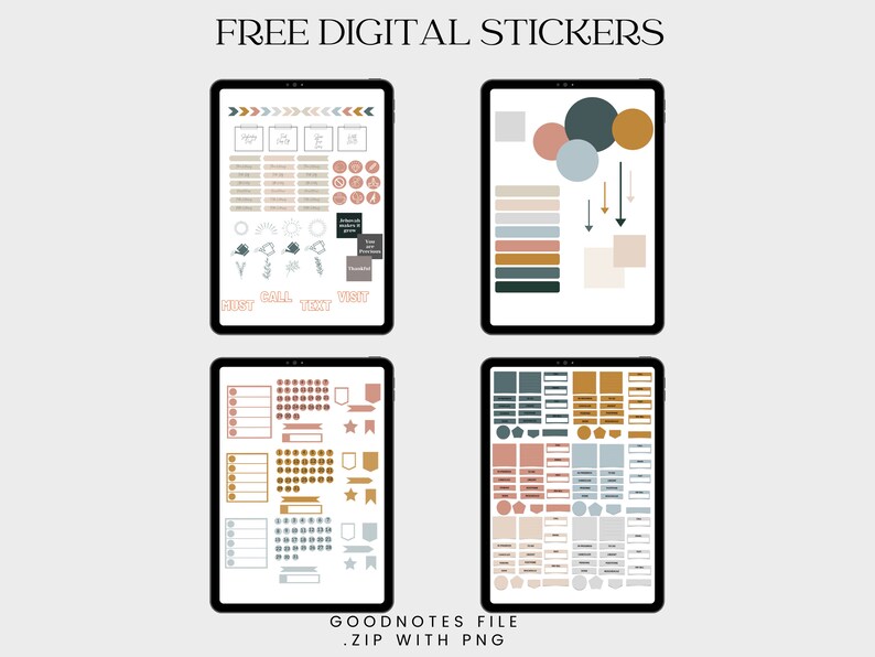 May include: Four digital planner pages with a variety of stickers in shades of brown, blue, and pink. The stickers include arrows, stars, circles, banners, and more. The text "FREE DIGITAL STICKERS" and "GOODNOTES FILE .ZIP WITH PNG" are also included.