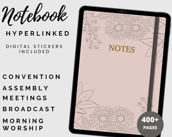 May include: A digital notebook with a floral design on a pink background. The notebook has a black cover and a black ribbon bookmark. The text "NOTES" is written in gold lettering on the cover. The text "400+ PAGES" is written in gold lettering on the bottom right corner of the cover.