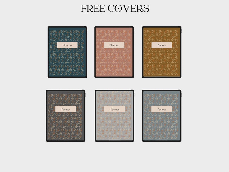May include: Six different planner covers with floral patterns. The covers are in teal, pink, brown, gray, beige, and blue. Each cover has the word "Planner" printed on it.