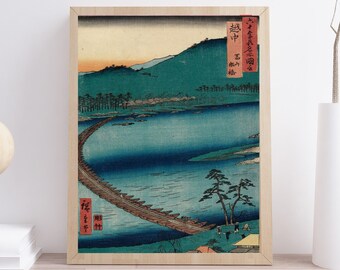 Japanese art poster print, Utagawa "Ando" Hiroshige - Boat Bridge at Toyama, Ukiyo E Woodblock prints,  Japan landscape illustrations