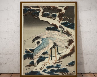 Japanese crane art poster print, Ukiyo E wall art, Woodblock prints, Katsushika Hokusai, Japan bird art, Japan illustration, wall decor