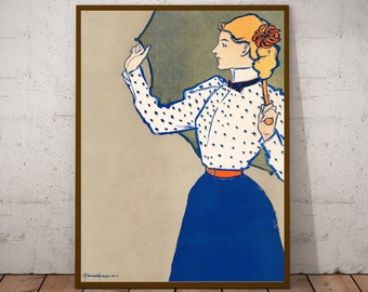 Art Nouveau vintage poster print - Woman holding umbrella (1896) by Edward Penfield, antique advertisment, romantic wall decoration