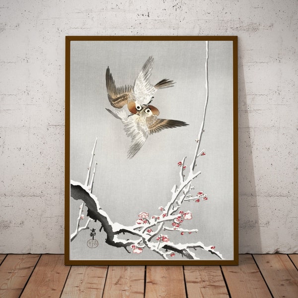 Sparrows and snowy plum tree by Ohara Koson, Japanese art poster, woodblock print, antique/ vintage eclectic wall decor, Kacho-e artworks