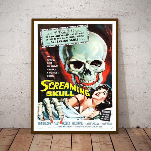 Vintage horror movie poster for the film "The Screaming Skull",1958, Retro wall art prints, classic gothic horror thriller movie artworks