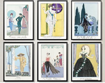 Set of 6 Art deco vintage fashion poster prints, vintage fashion ad illustration, jazz era art, George Barbier art, Parisian style artwork