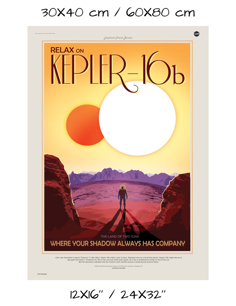 vintage style space travel print retro wall decor NASA Exoplanets Exploration Program poster print The Land of Two Suns Kepler-16b