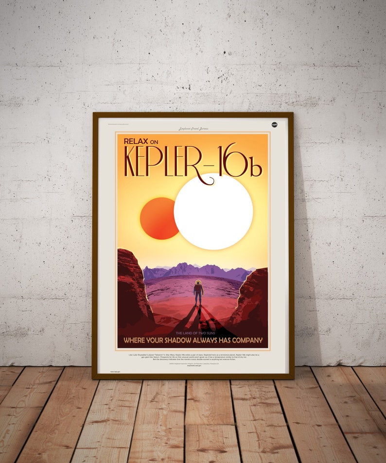 vintage style space travel print retro wall decor NASA Exoplanets Exploration Program poster print The Land of Two Suns Kepler-16b