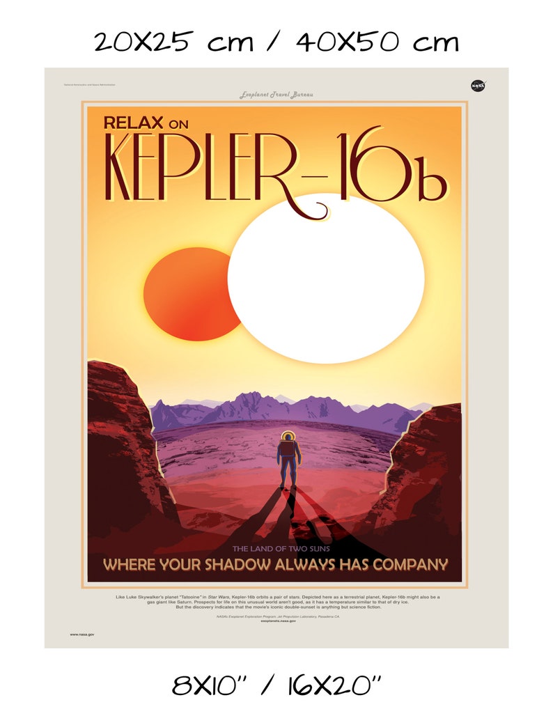vintage style space travel print retro wall decor NASA Exoplanets Exploration Program poster print The Land of Two Suns Kepler-16b