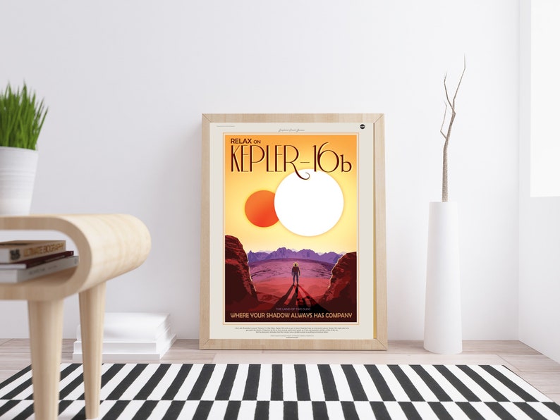 vintage style space travel print retro wall decor NASA Exoplanets Exploration Program poster print The Land of Two Suns Kepler-16b