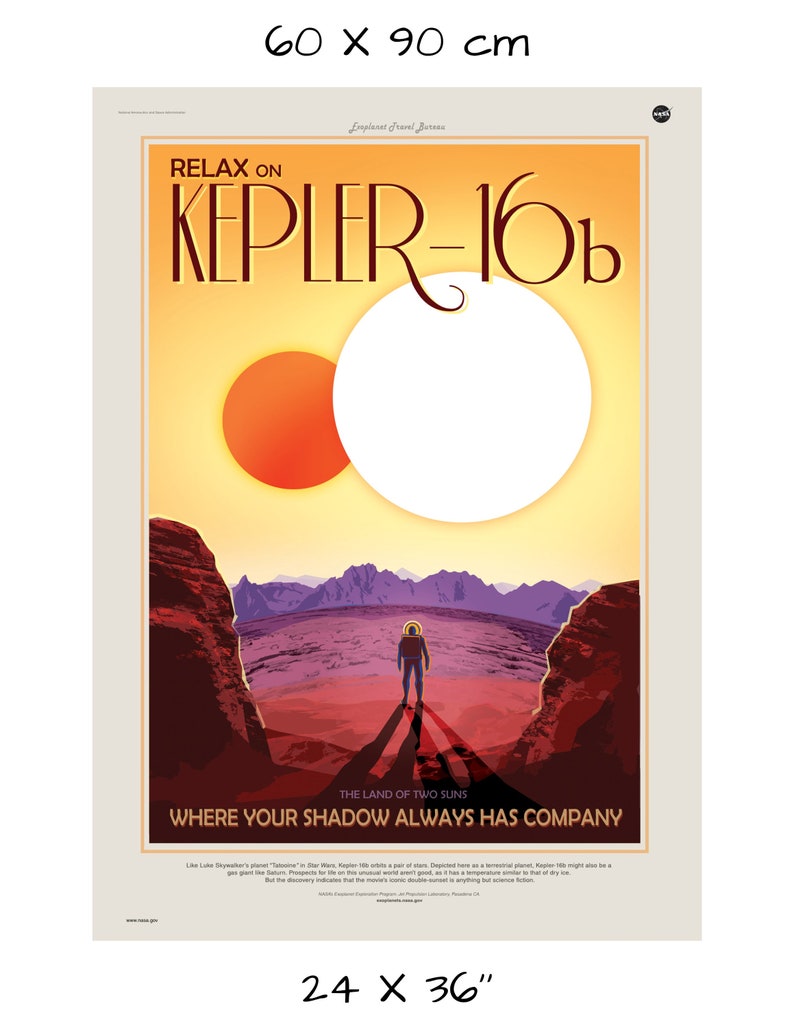 vintage style space travel print retro wall decor NASA Exoplanets Exploration Program poster print The Land of Two Suns Kepler-16b