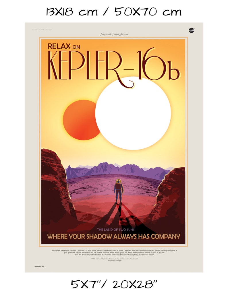 vintage style space travel print retro wall decor NASA Exoplanets Exploration Program poster print The Land of Two Suns Kepler-16b