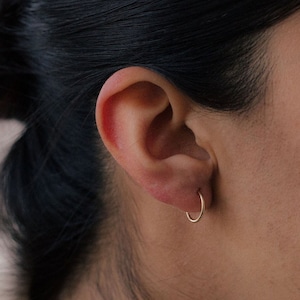 14k Solid Yellow Gold Endless Daith Earring | 1.2mm Minimal Gold Round Hoop Huggie perfect for Conch Piercing | Essential Gold Earrings