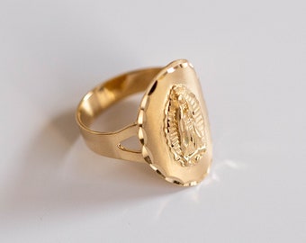 14k Solid Yellow Gold Our Lady of Guadalupe Ring |  Virgin Mary Satin Finish Ring