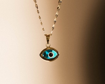 14K Solid Yellow Gold Evil Eye Pendant - Blue Good Luck Necklace Charm