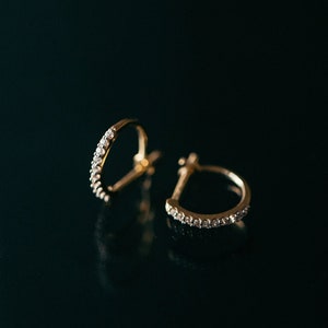 14k CZ Huggie Earrings | 14k Yellow Gold CZ Helix Hoop Huggie Earrings | Solid Gold Earring | Perfect Stacking Piercing Huggie