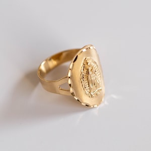 14k Solid Yellow Gold Our Lady of Guadalupe Ring |  Virgin Mary Satin Finish Ring