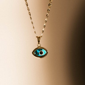 14K Solid Yellow Gold Evil Eye Pendant - Blue Good Luck Necklace Charm