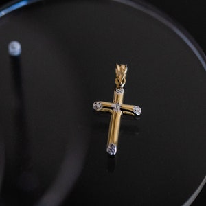 14k Yellow Gold Diamond Cut Cross Pendant | Dainty Tubular Cross Pendant Charm