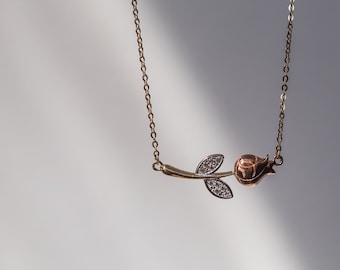 14K Solid Tri Gold - Rose Flower Pendant Chain Necklace Set - Adjustable