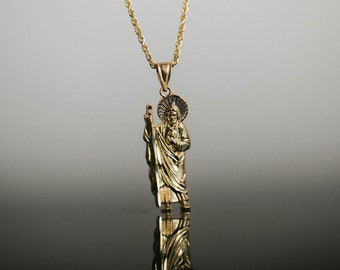 14K Solid Gold Saint Jude Pendant - San Judas Thaddeus Necklace Charm with Rope Chain Necklace