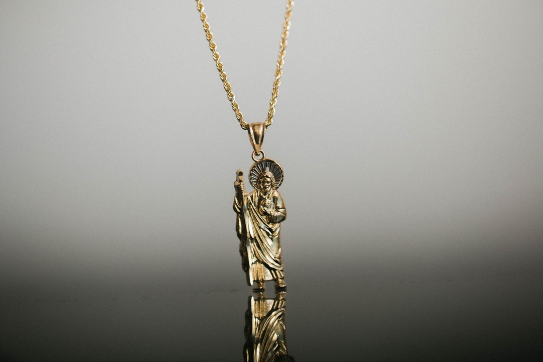 14K Solid Gold Saint Jude Pendant - San Judas Thaddeus Necklace Charm ...