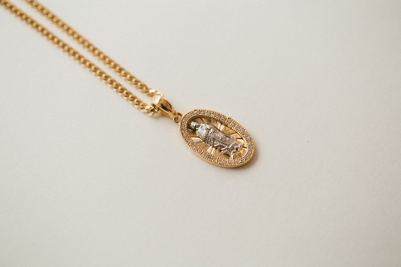 14K Solid Yellow & White Gold Virgin Mary Oval Medal Pendant With Halo ...