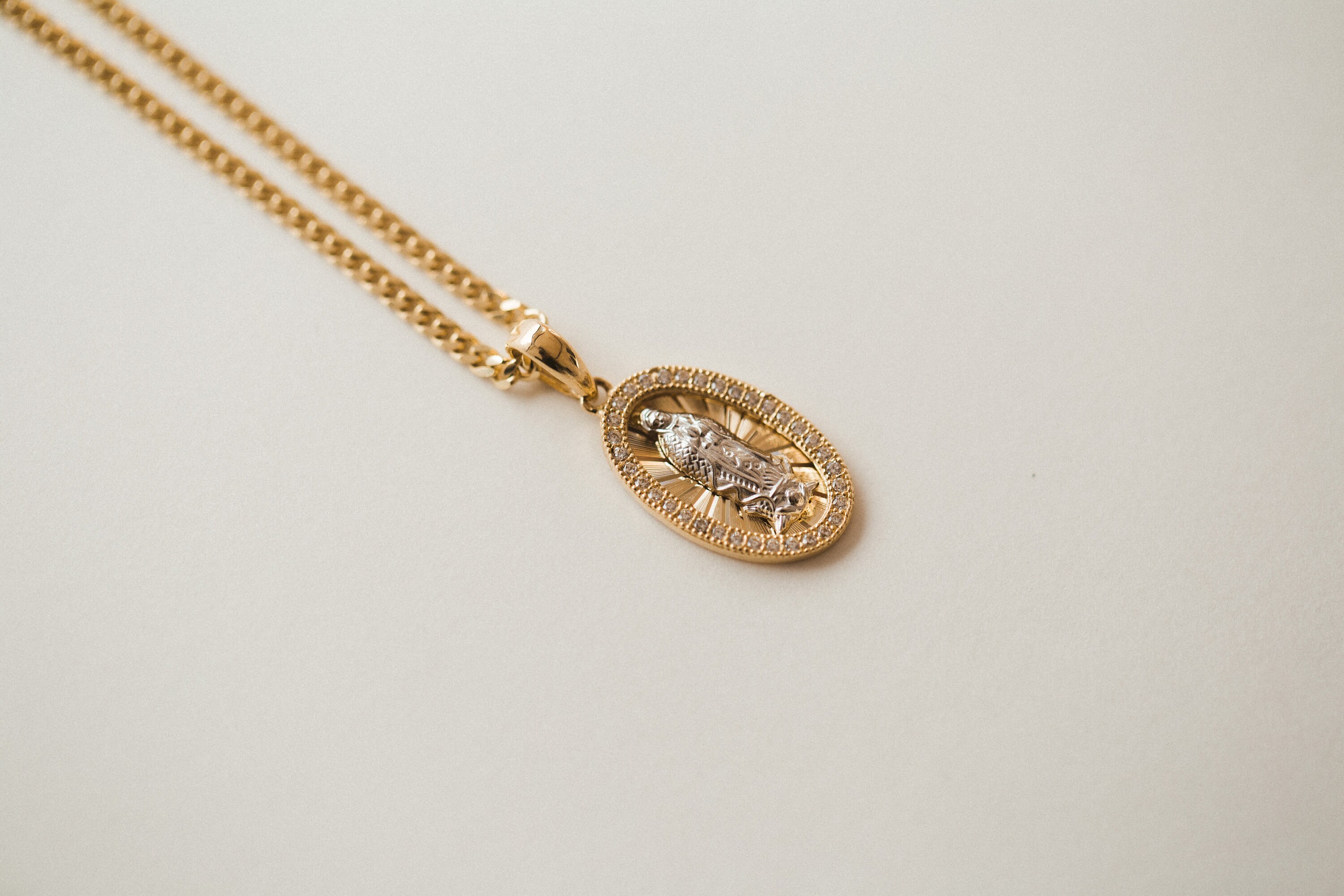 14K Solid Yellow & White Gold Virgin Mary Oval Medal Pendant With Halo ...